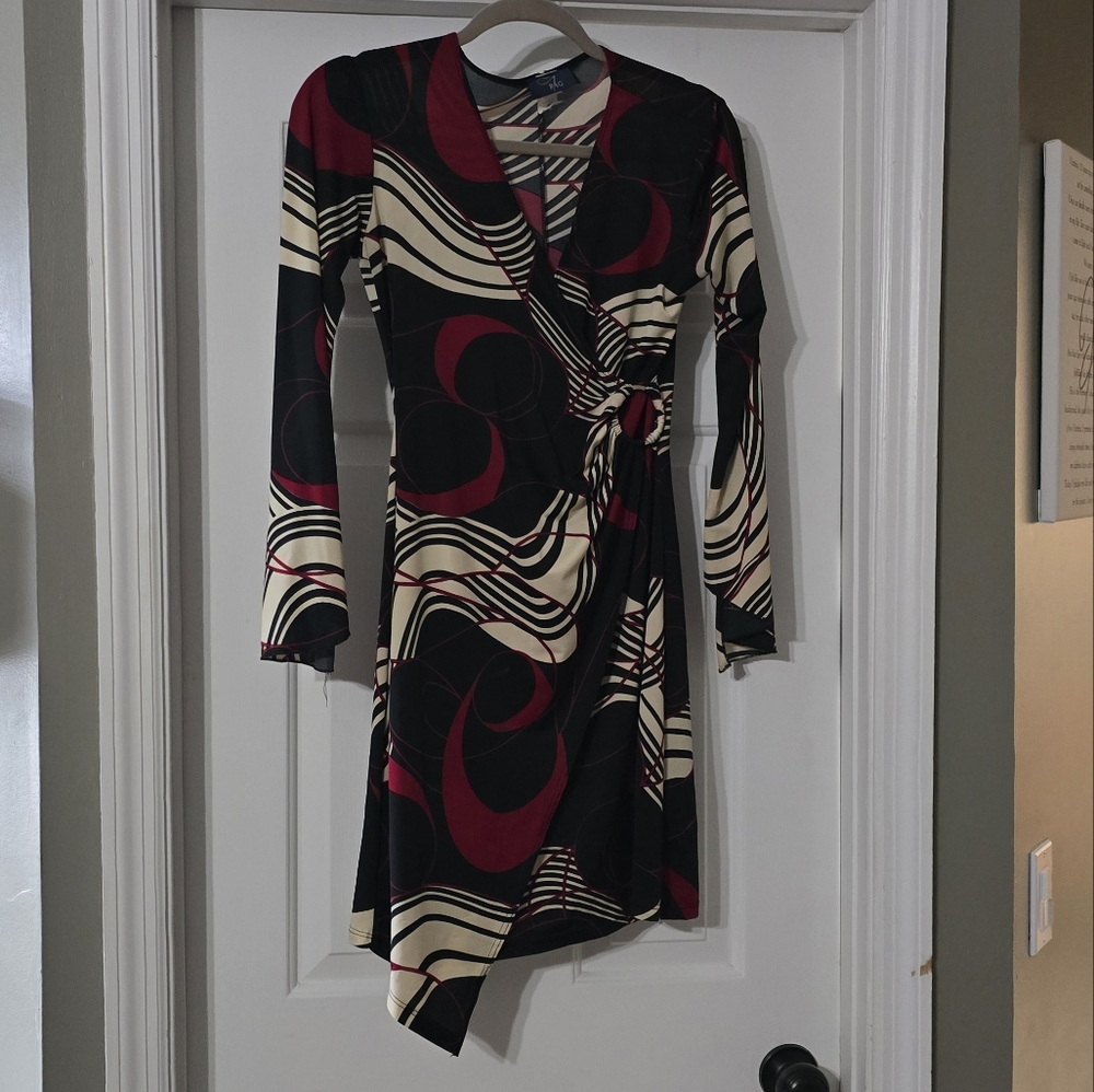Red and Black Asymmetrical Wrap Dress with Bell Sleeves